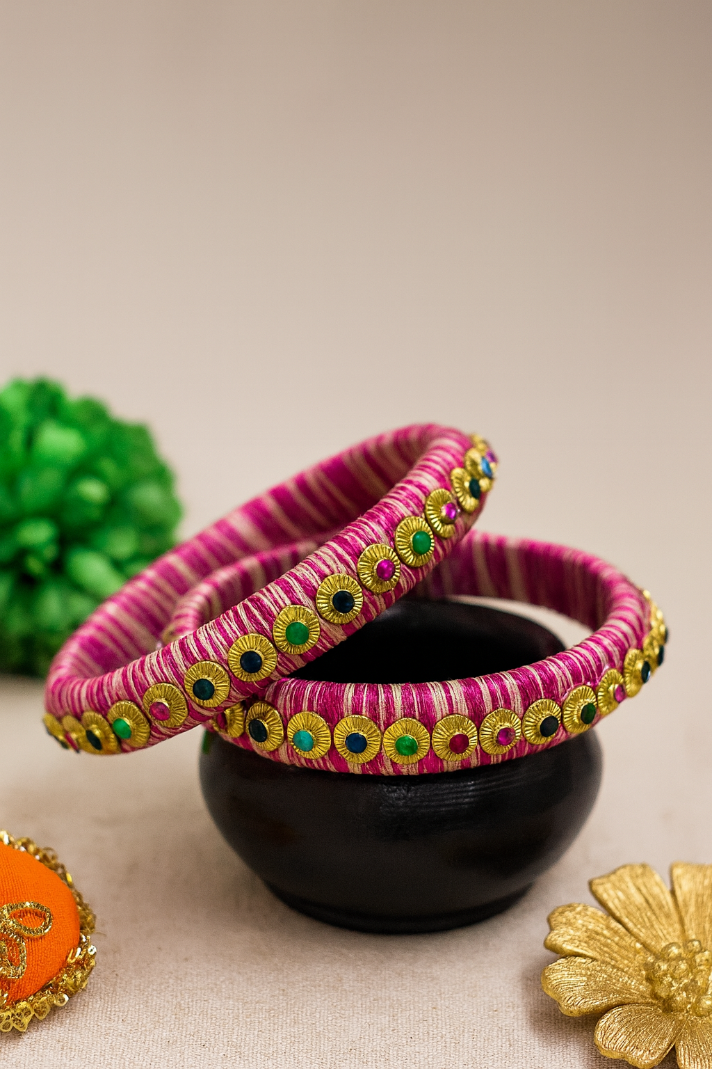 Silk thread bangles in dual tone, pink and gold combination