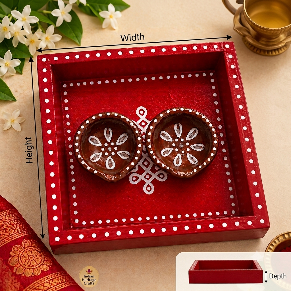 Red 6x6 pine wood kolam tray with pair of brown colour diyas