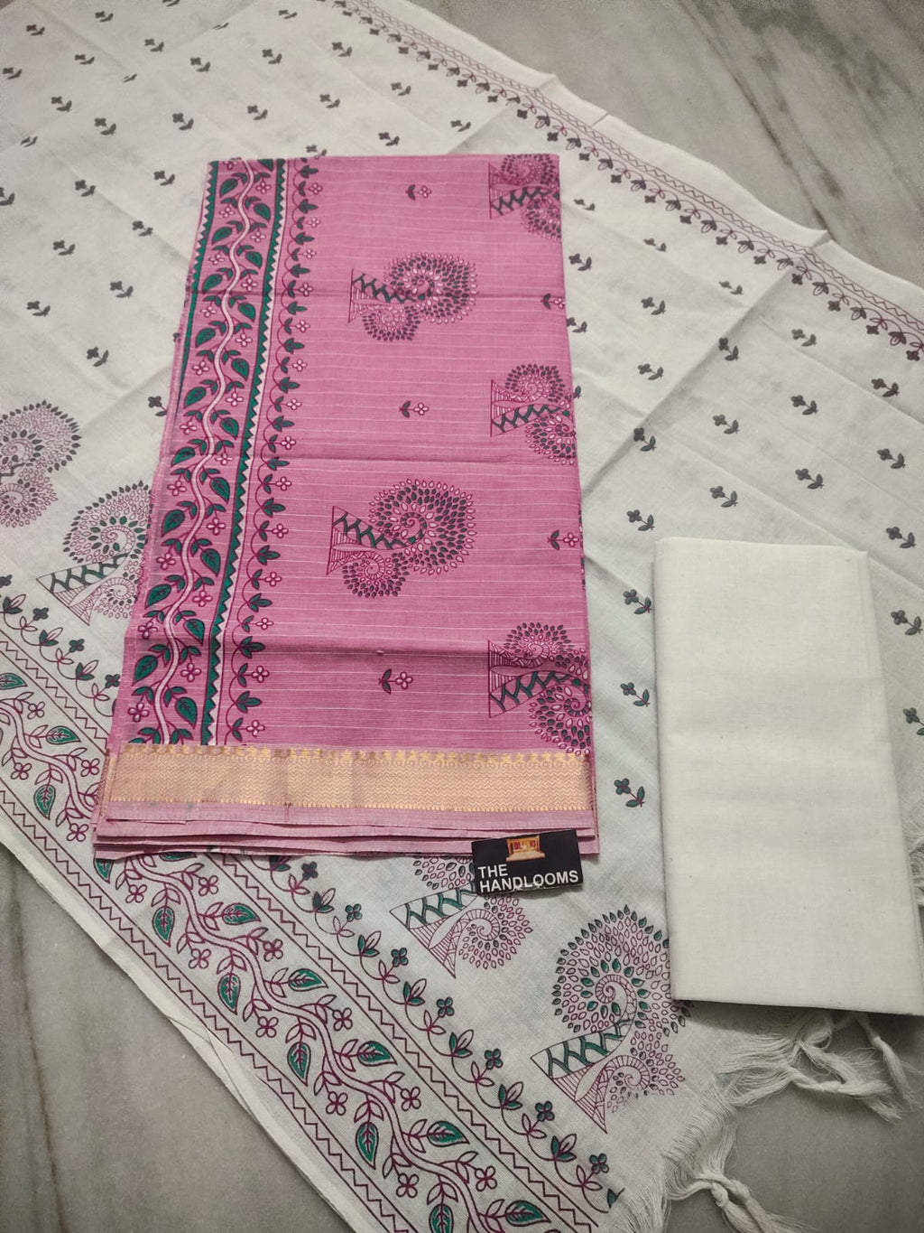 Mangalagiri Pure Handloom Cotton Dress Material – Pink Top with White Printed Dupatta