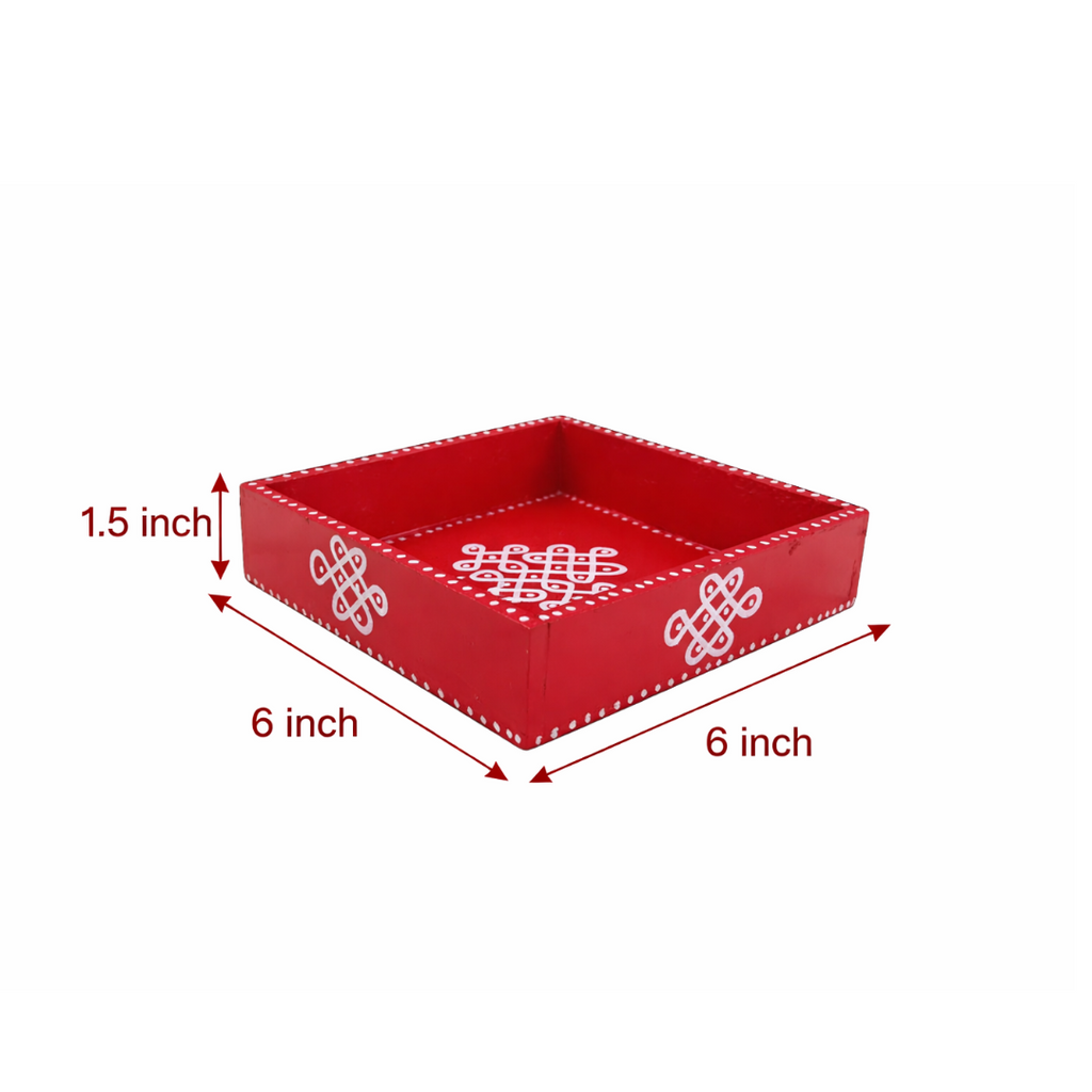 Handcrafted Wooden Tray with Kolam Design (6x6 Inch)