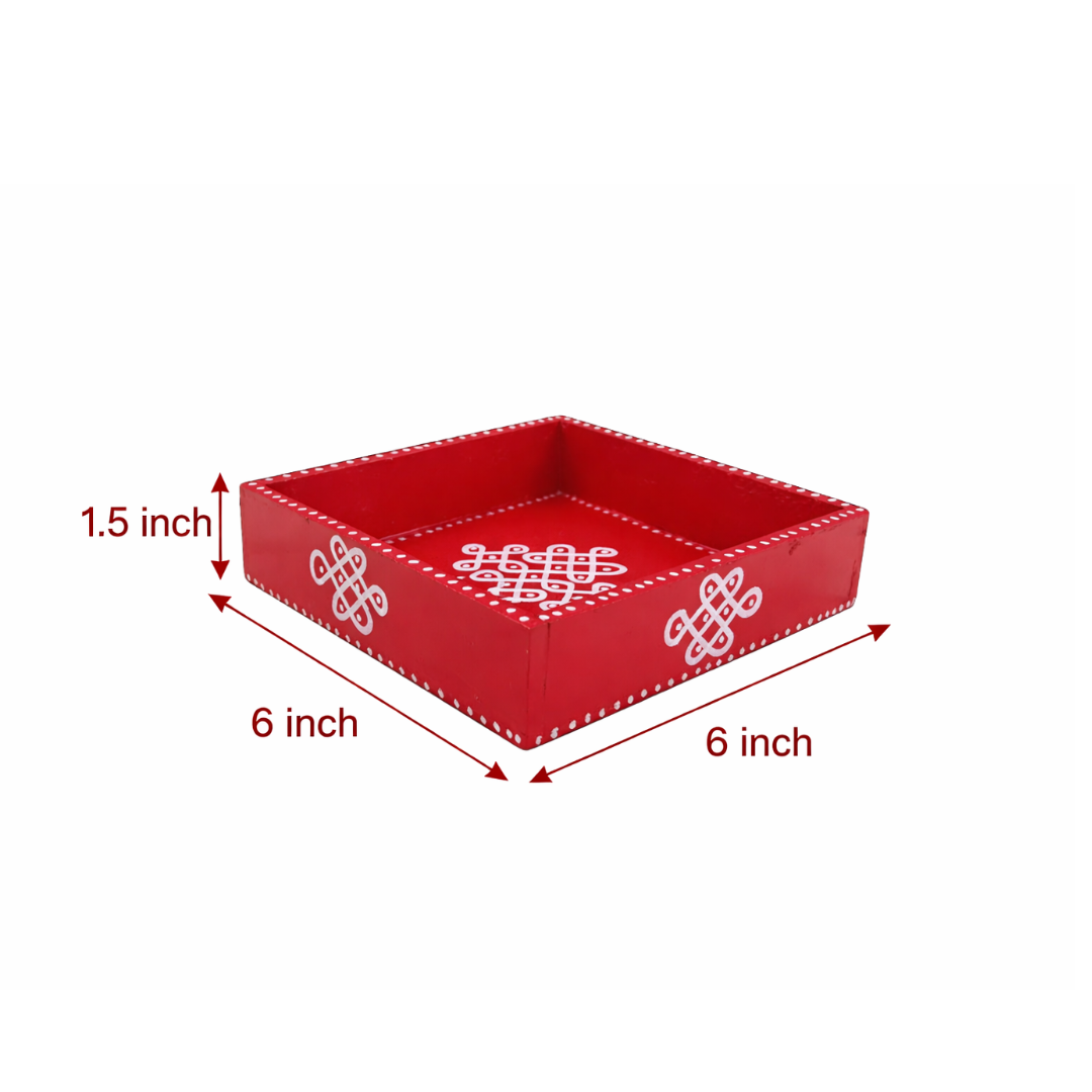Handcrafted Wooden Tray with Kolam Design (6x6 Inch)
