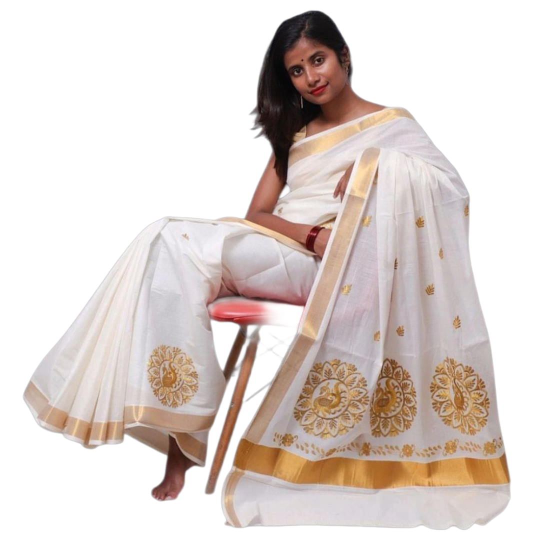 Kerala Handloom Cotton Saree with Peacock Motif & Gold Zari – Pure Handloom Cotton Saree