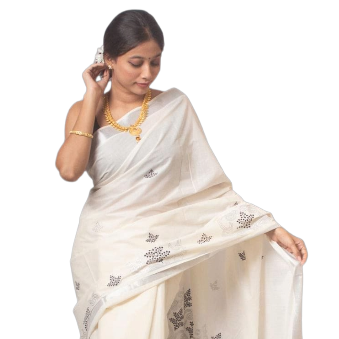 Kerala Handloom Cotton Saree with Silver Zari – Pure Handloom Cotton Saree