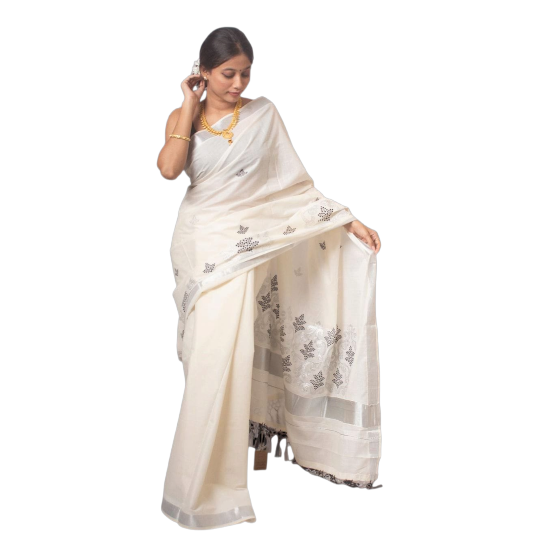 Kerala Handloom Cotton Saree with Silver Zari – Pure Handloom Cotton Saree