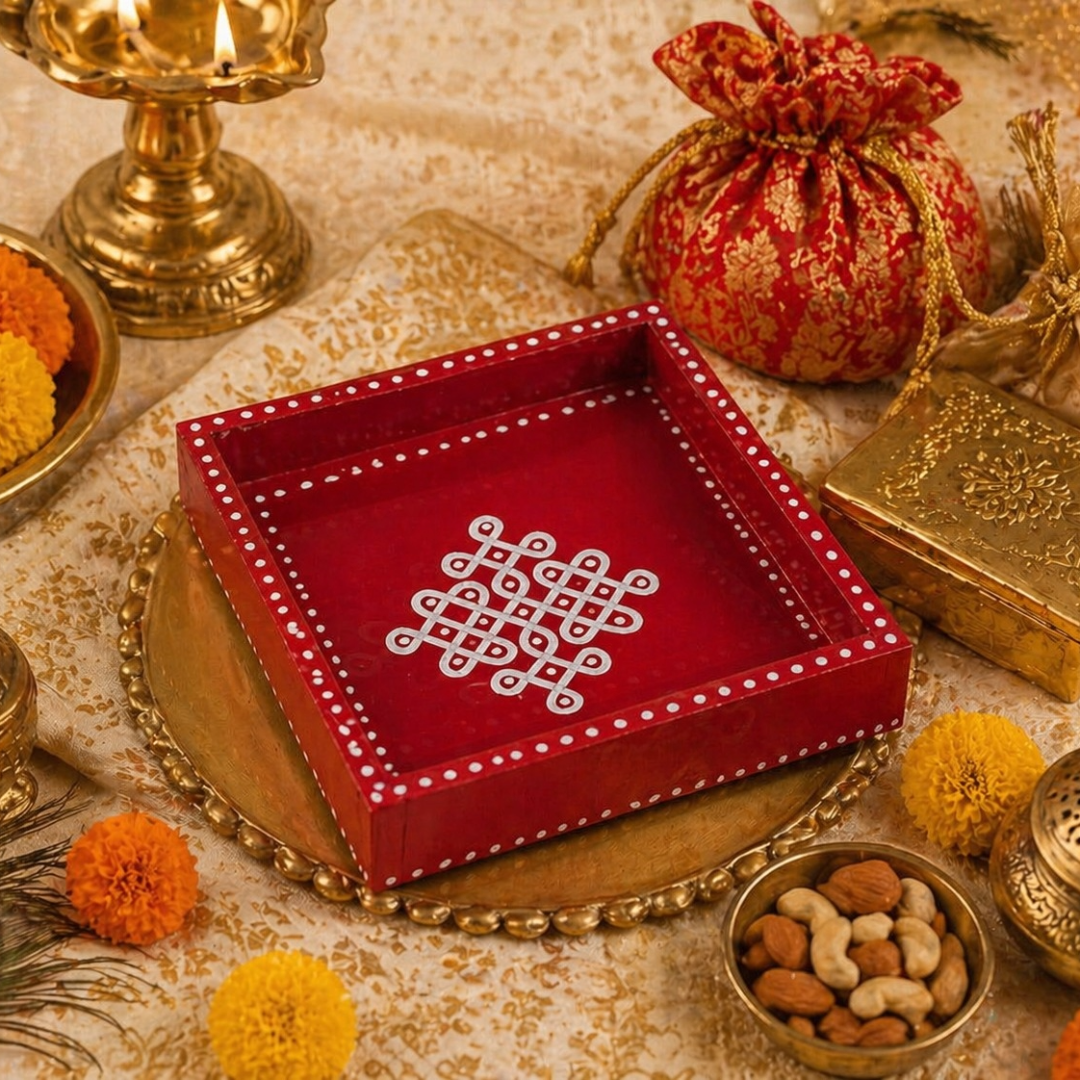 Handcrafted Wooden Tray with Kolam Design (6x6 Inch)