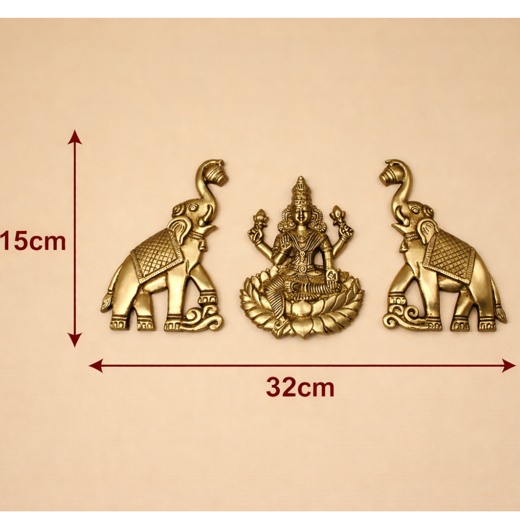 Brass Lakshmi with Elephant Pair Wall Decor – Brass Gift Item for Home & Vastu (32x15 cm)