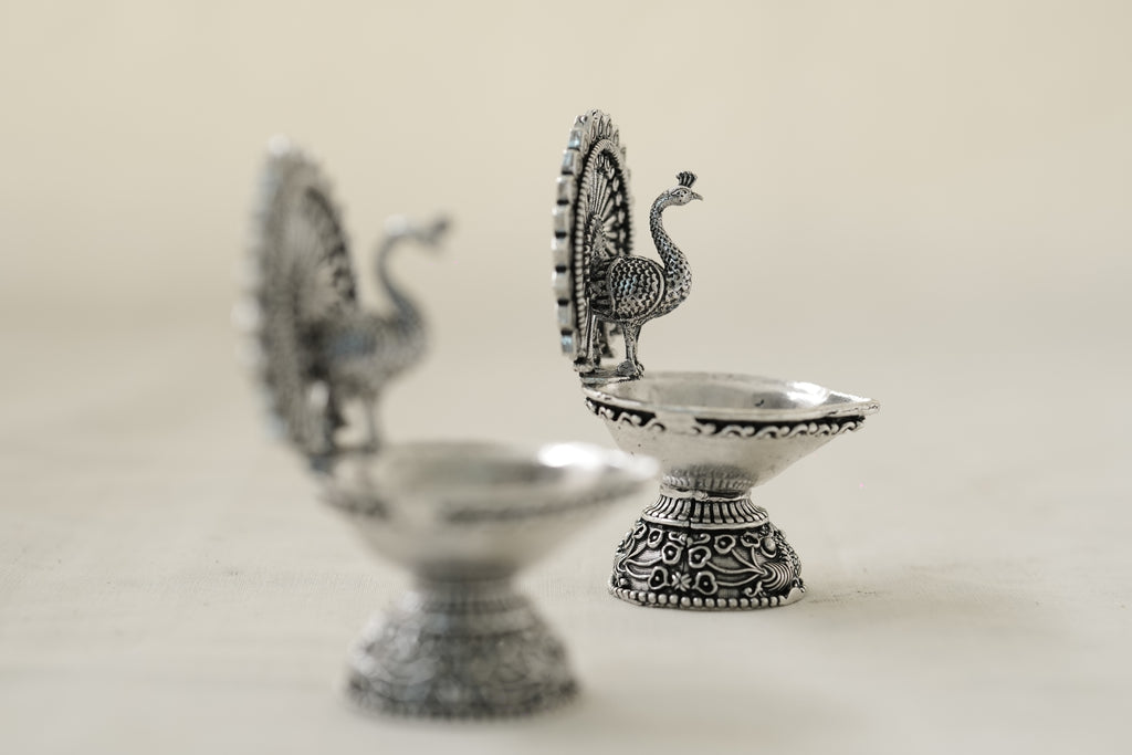 Handcrafted Antique Finish Peacock Design Sliver Diya Pair for Pooja Room Decoration – Traditional Indian Oil Lamps for Home Temple, Festival & Gift Purpose