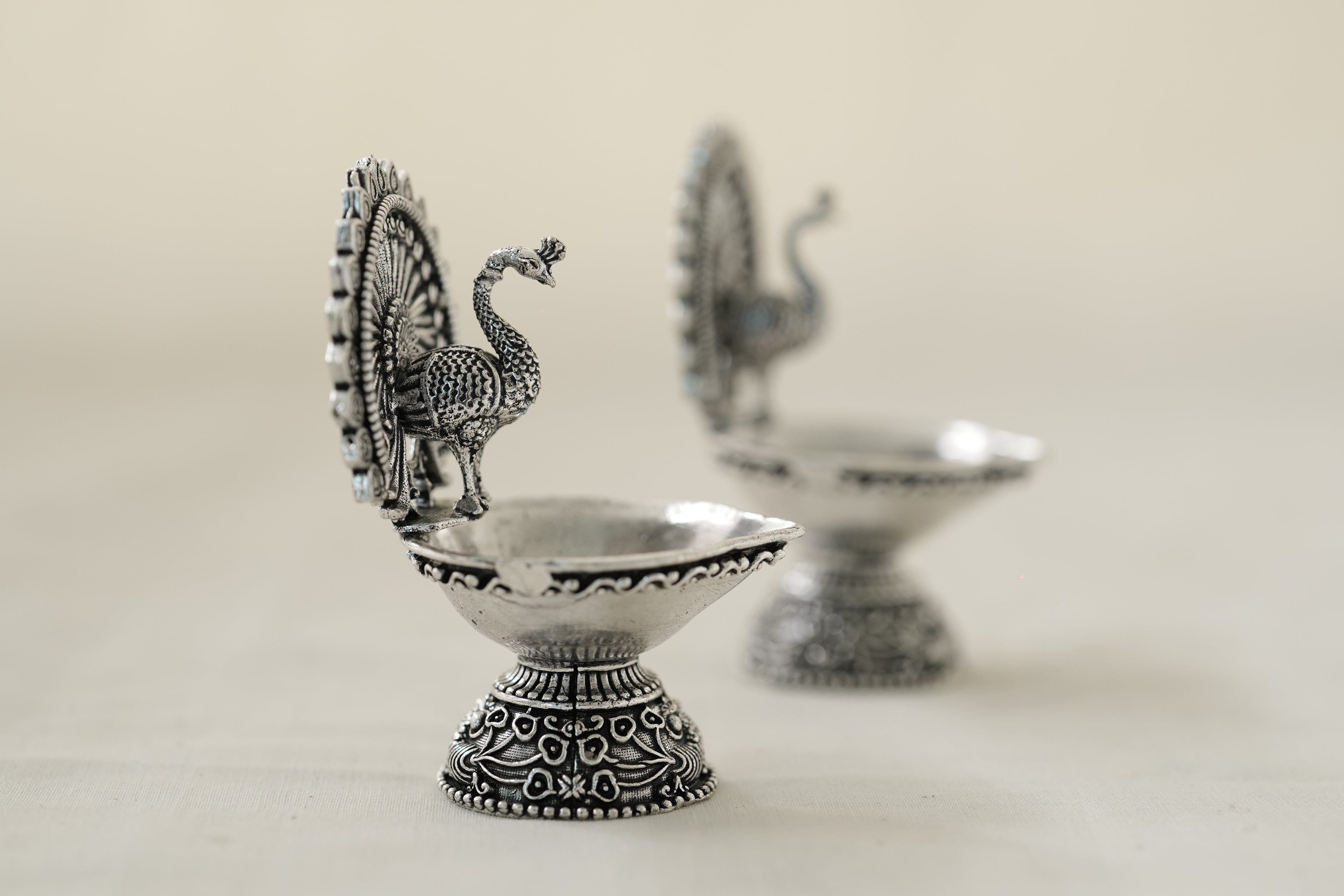 Handcrafted Antique Finish Peacock Design Sliver Diya Pair for Pooja Room Decoration – Traditional Indian Oil Lamps for Home Temple, Festival & Gift Purpose