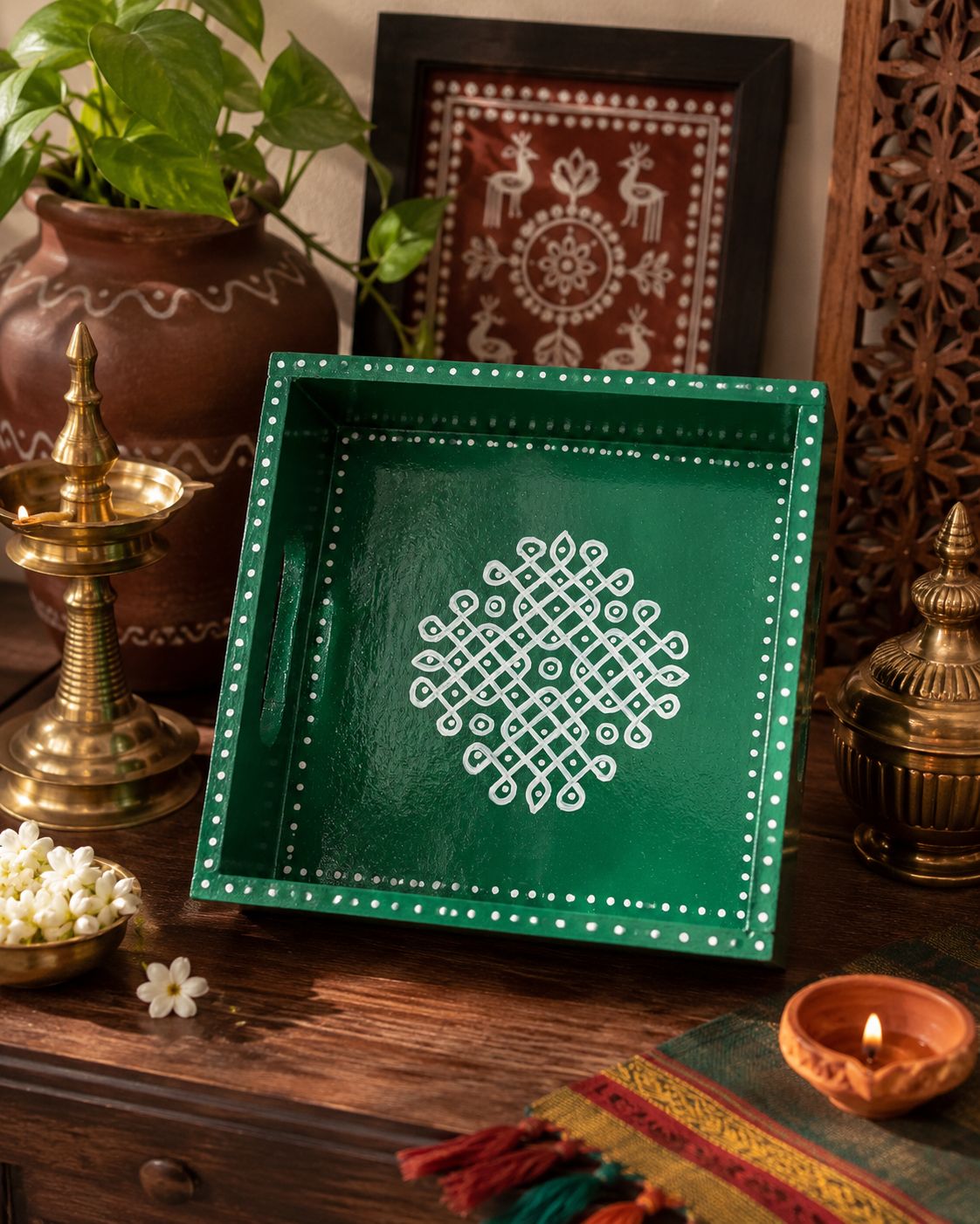 Kria Arts Kolam Design Pine Wood Tray 8x8
