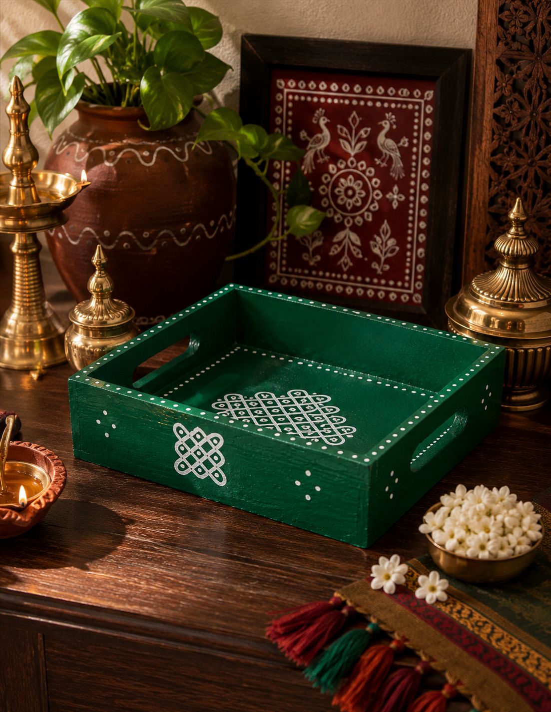 Kria Arts Kolam Design Pine Wood Tray 8x8