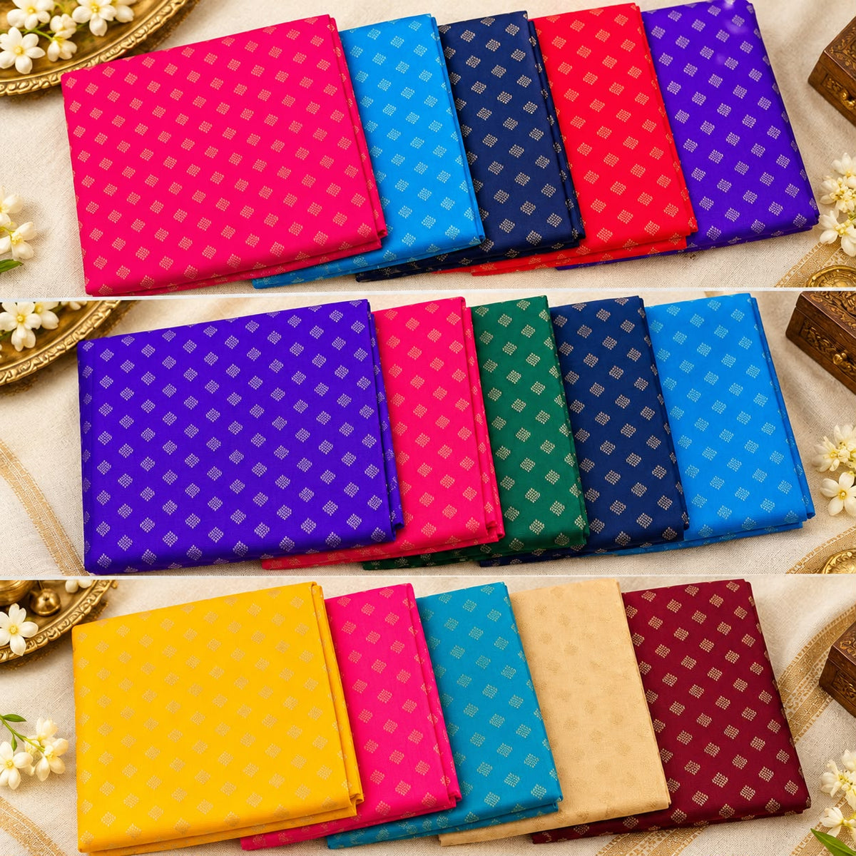 Banarasi Buti Cotton Blouse Pieces – 1 Meter Length, Assorted Colours Pack of 5 | Traditional Return Gift Fabric for Weddings & Festive Occasions