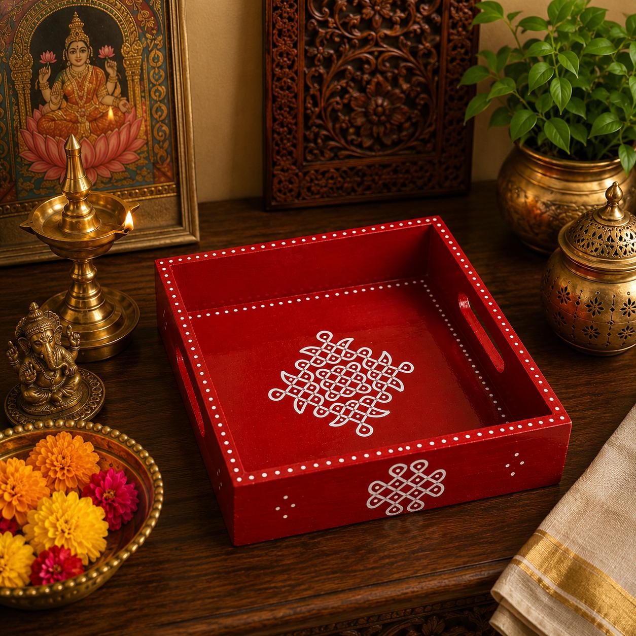 Kria Arts Kolam Design Pine Wood Tray 8x8