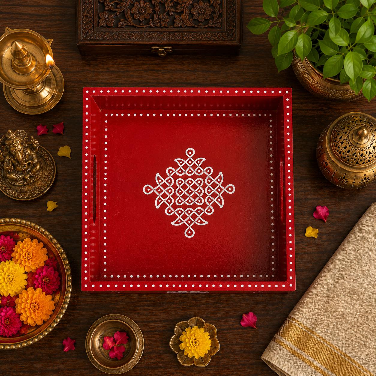 Kria Arts Kolam Design Pine Wood Tray 8x8