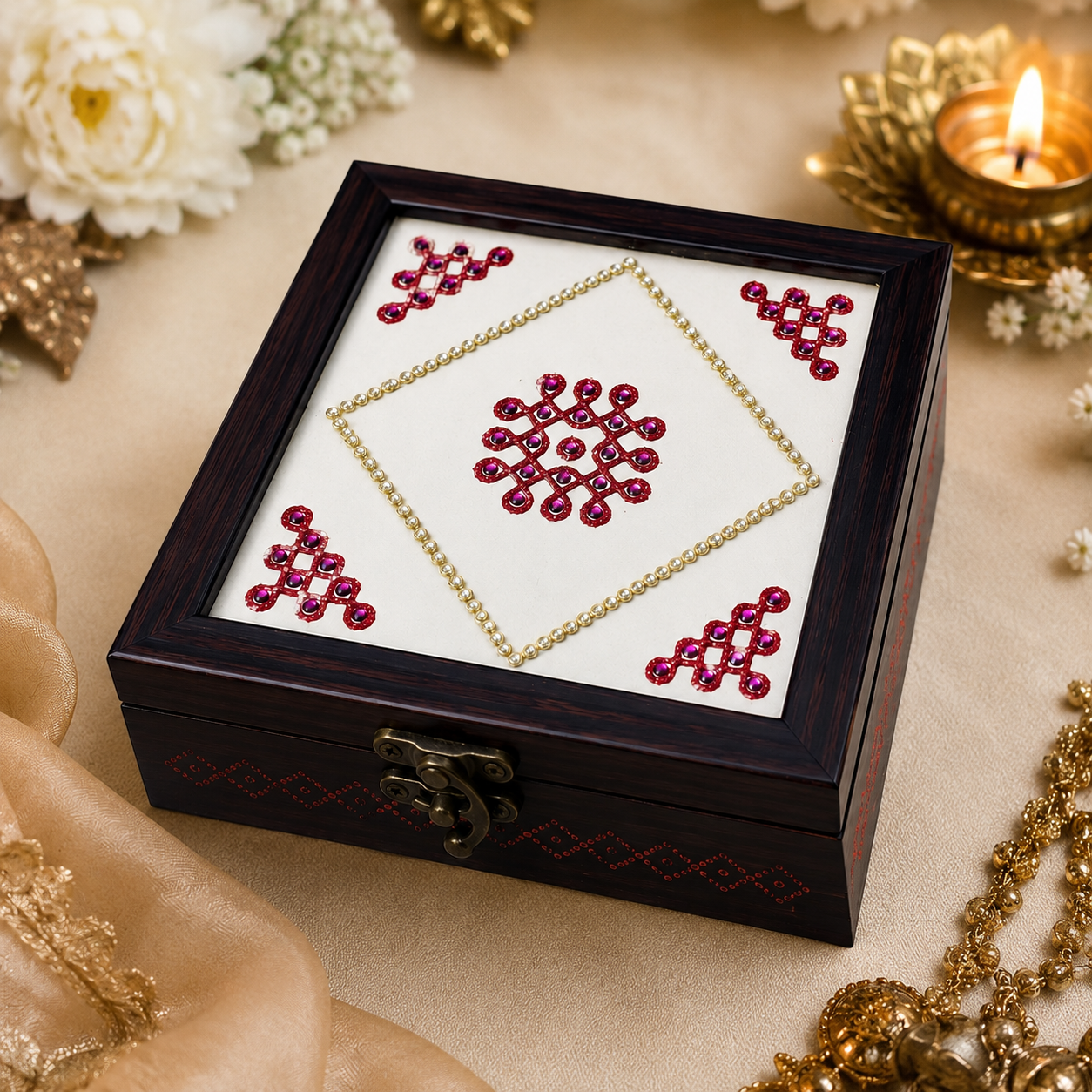 Decorative Wooden Shagun Box with Red Kolam Design – 6 Inch