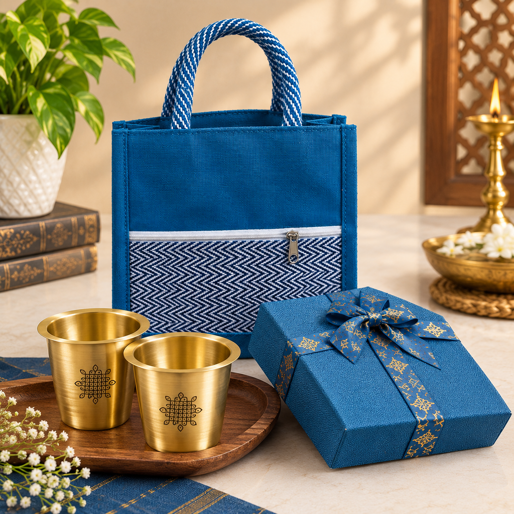 KOLAM BRASS COFFEE SET- 2NO AND CANVAS BAG 10X10