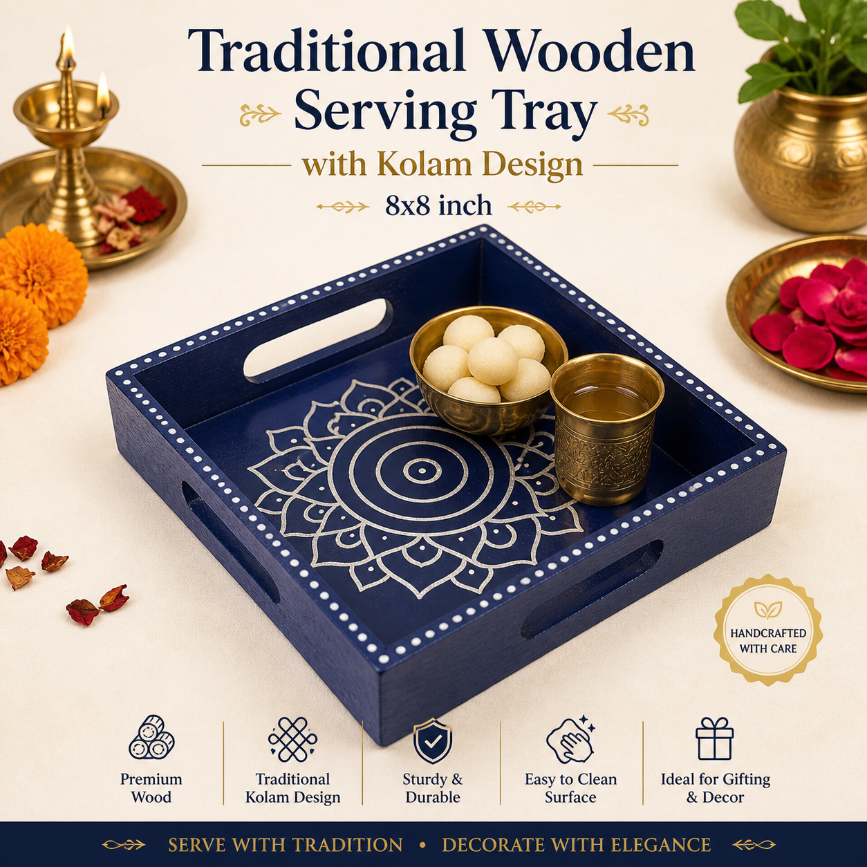 handcrafted wooden tray kolam design serving tray India