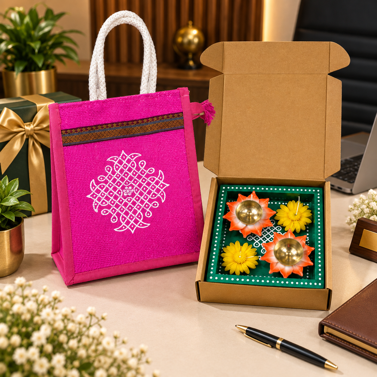 6X6 TRAY, 2 BRASS FLOWER DIYAS, DESI CANDLES 2NO, 10X8 ROPE JUTE BAG Assorted Colors