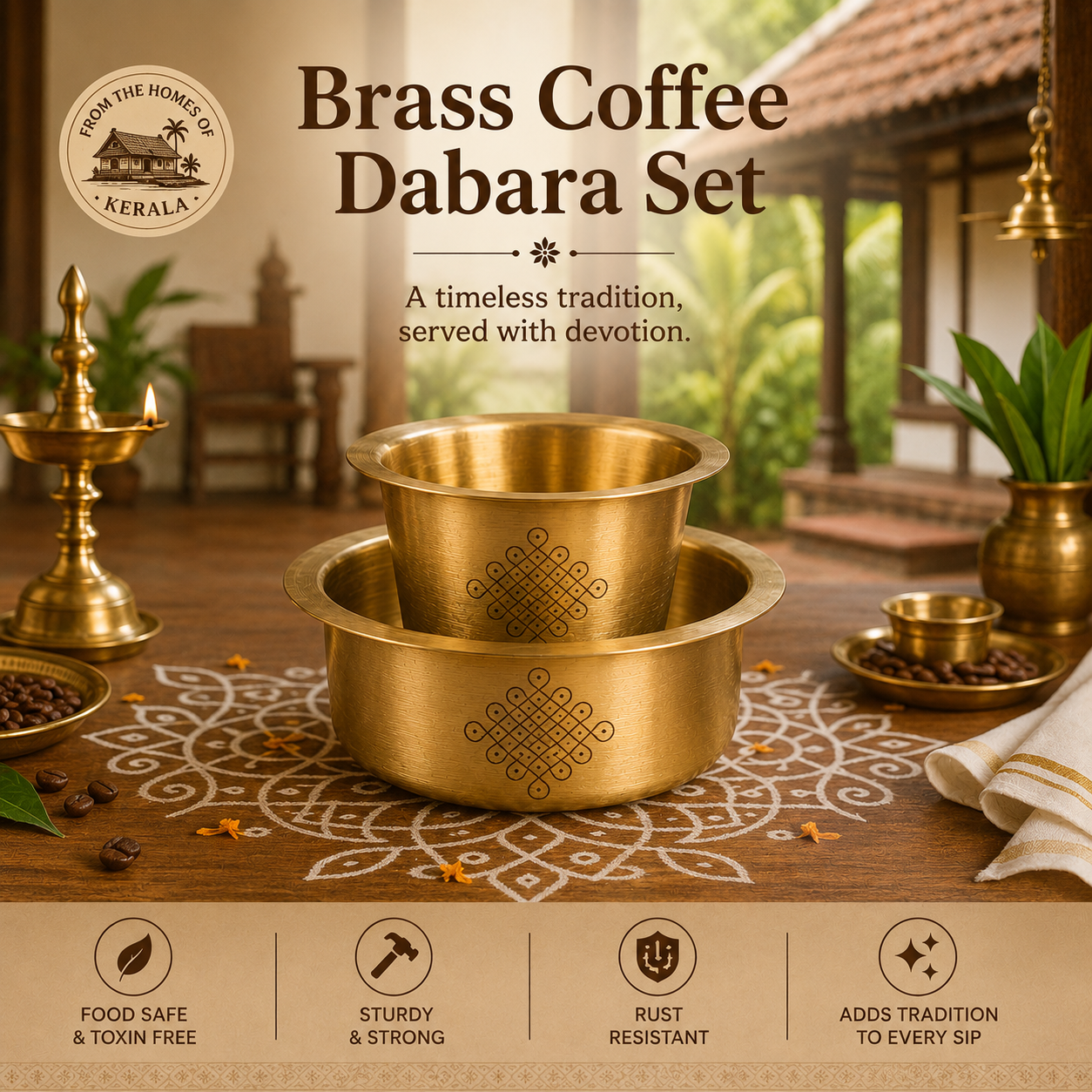 Traditional brass coffee dabara set with kolam design for South Indian filter coffee serving