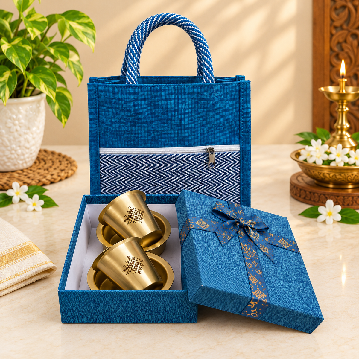 KOLAM BRASS COFFEE SET- 2NO AND CANVAS BAG 10X10