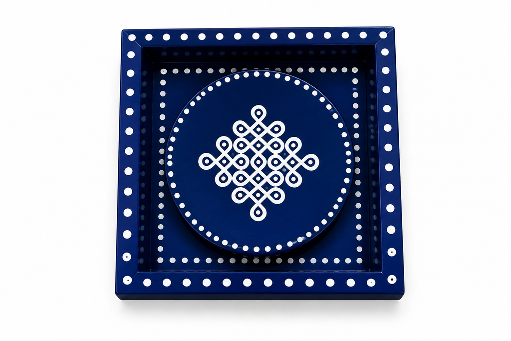 6x6 pine wood kolam trays with matching coasters BLUE