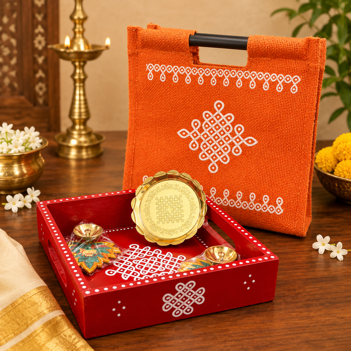 8X8 TRAY, KOLAM LOTUS STAND BRASS,  2 BRASS PICHWAI DIYAS, 10X10 KOLAM STICK JUTE BAGS Assorted Colors
