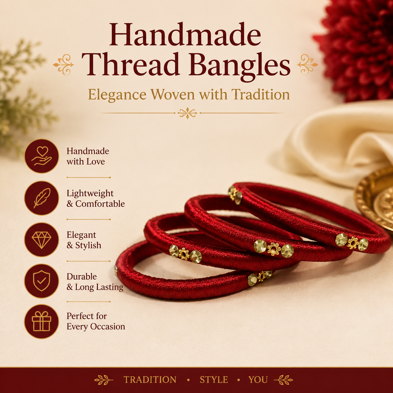 Thread work Red Bangles for wedding Festival and Traditional Events
