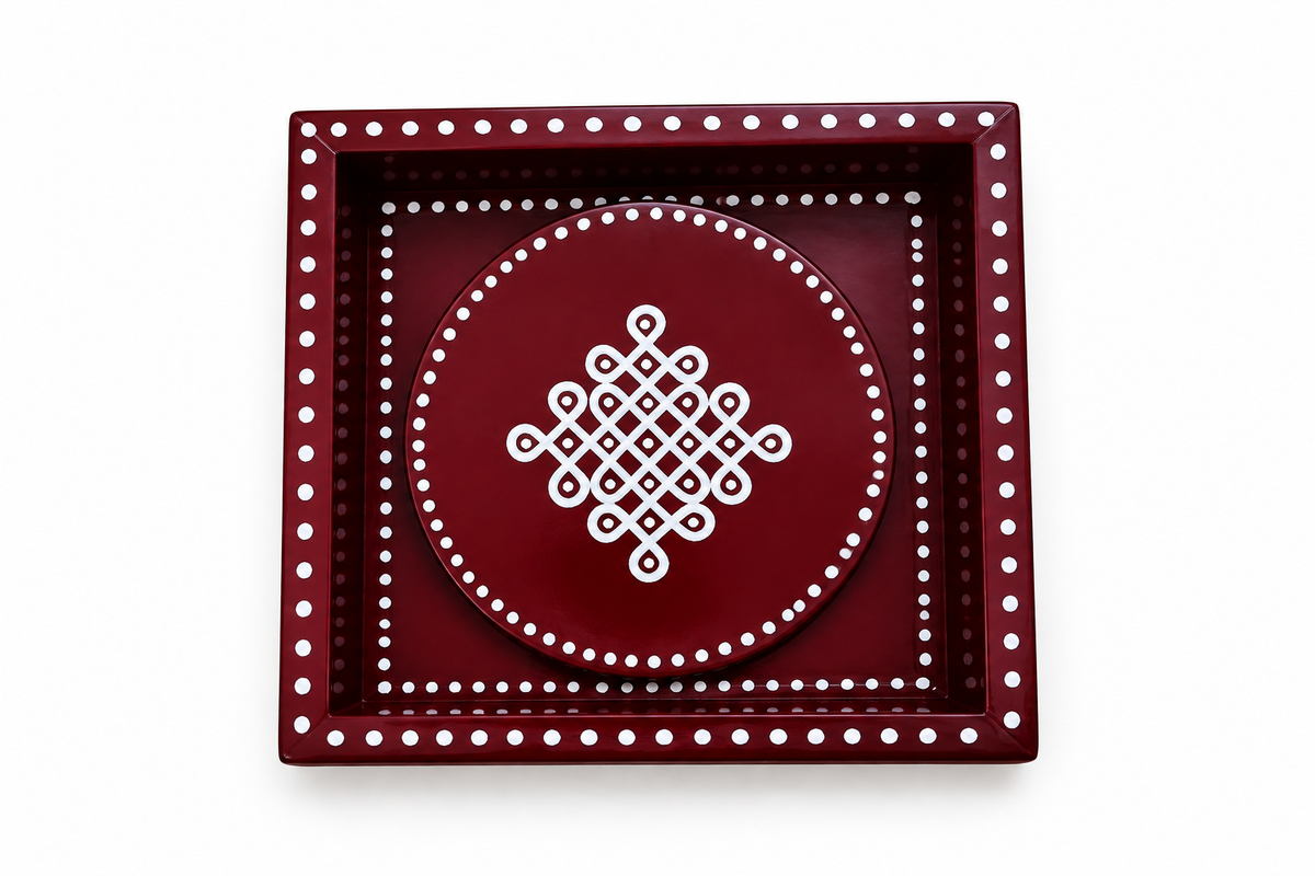 6x6 pine wood kolam trays with matching coasters BROWN
