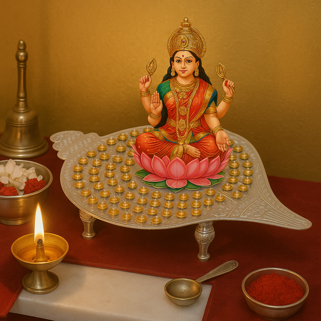 Shanku stand – Handcrafted Silver Finish Conch Design with Golden Lotus Design 108 Flower Stand for Varamahalakshmi Pooja Festival