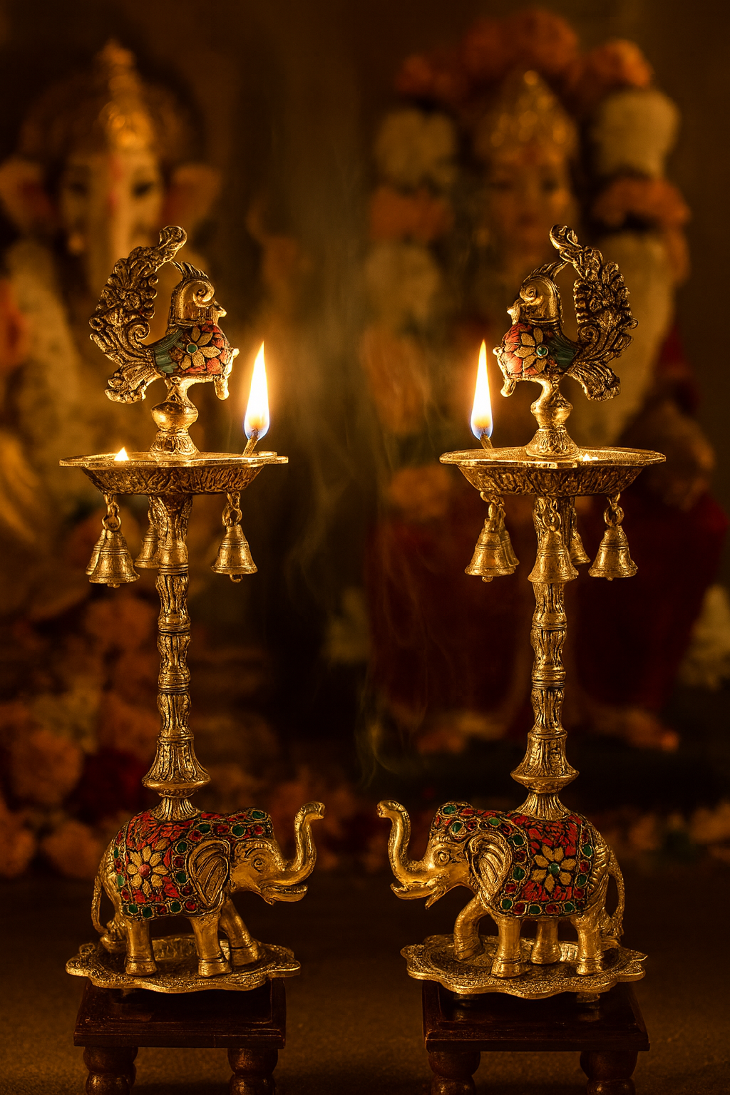 Handcrafted German Silver Peacock & Elephant Design Diya Pair with Hanging Bells | Decorative Pooja Oil Lamps for Diwali, Wedding, Gifting & Home Temple