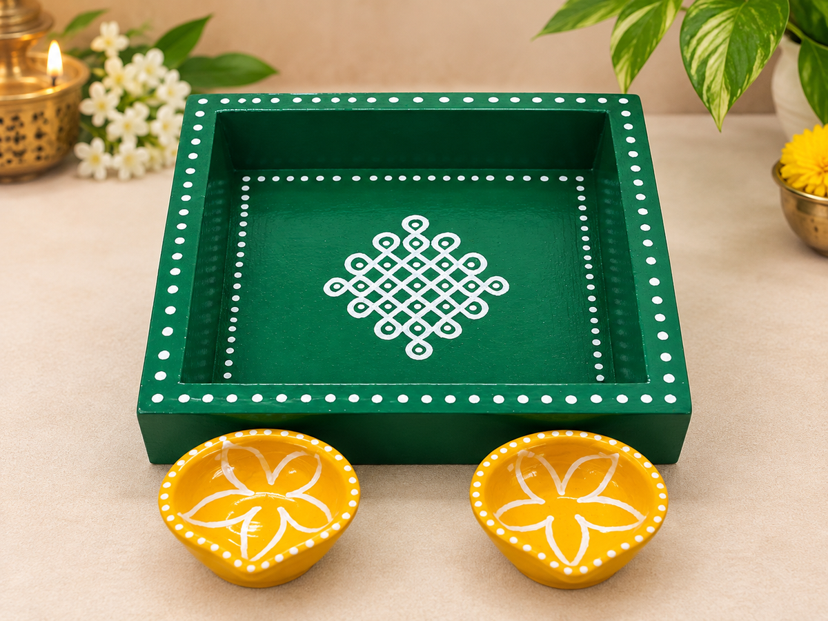Green 6x6 pine wood kola trays with yellow diyas
