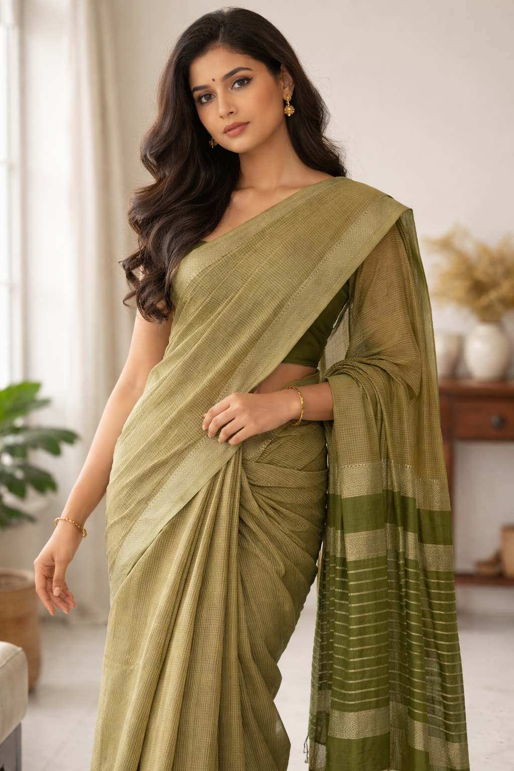 Pure Mangalagiri Cotton Handloom Saree Classic Olive Green color
