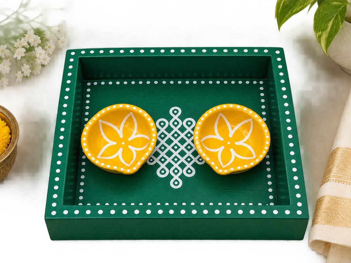 Green 6x6 pine wood kola trays with yellow diyas