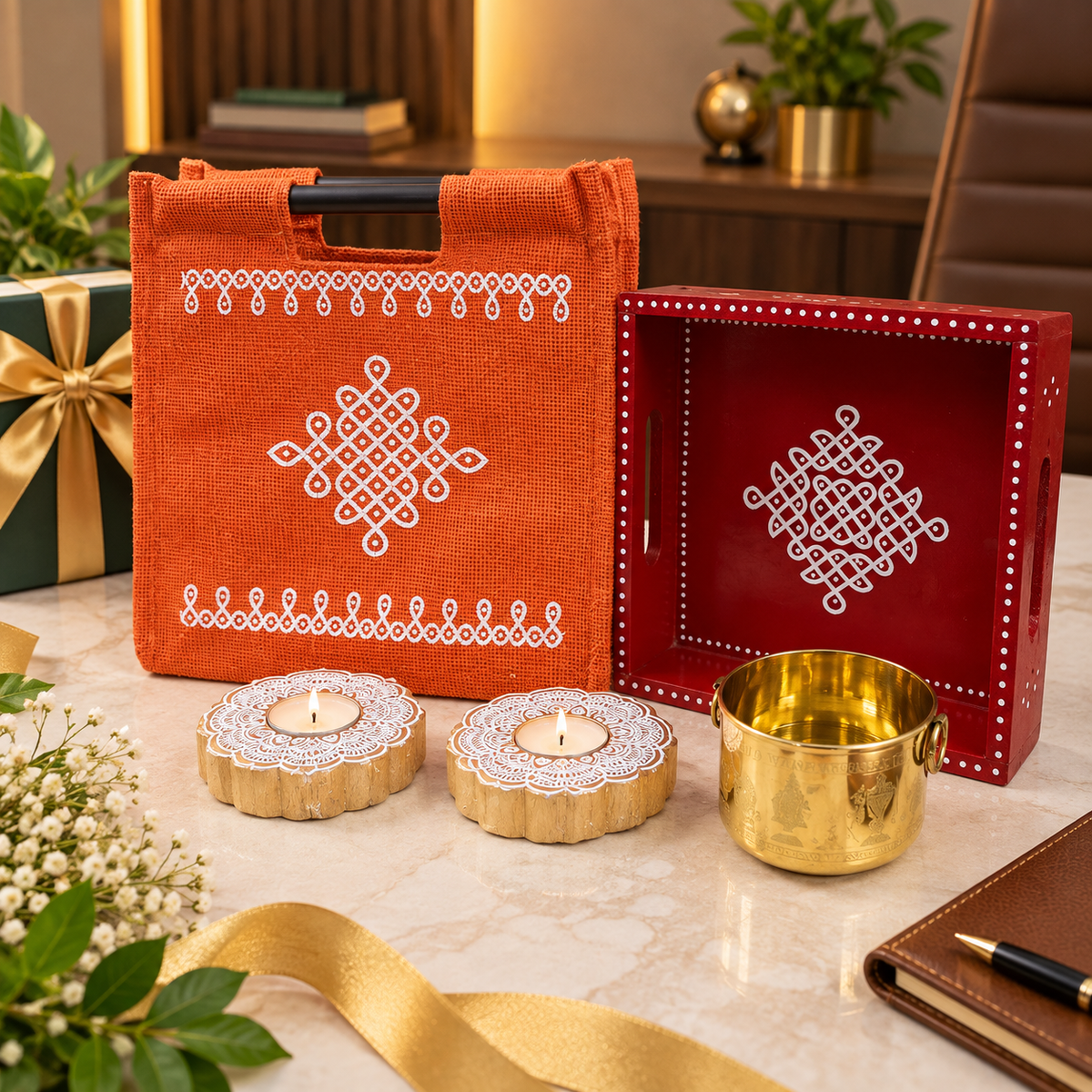 8X8 TRAY,  10X10 KOLAM STICK JUTE BAGS, 2 WOODEN CANDLE HOLDERS, SHANKU CHAKRA NAMAM Assorted Colors