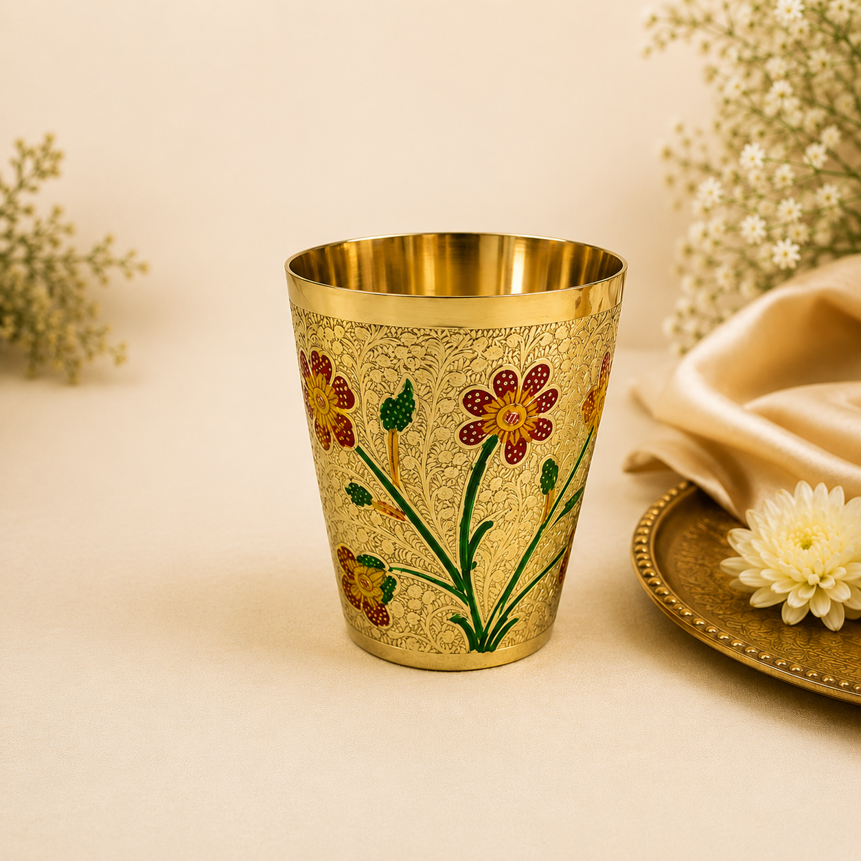 Handmade decorative brass water glass with embossed floral artwork traditional Indian tumbler