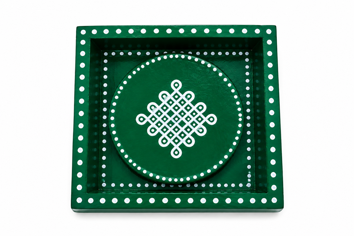 6x6 pine wood kolam trays with matching coasters GREEN