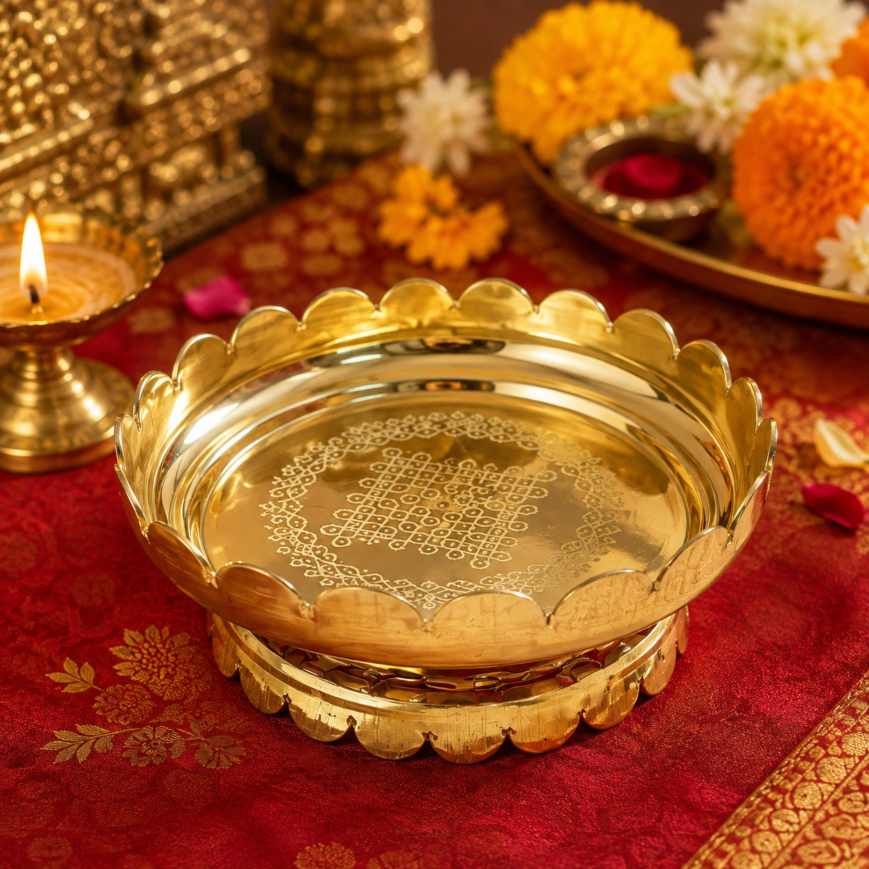 Brass Lotus Tray with Srichakram Engraving | Pooja & Divine Decor