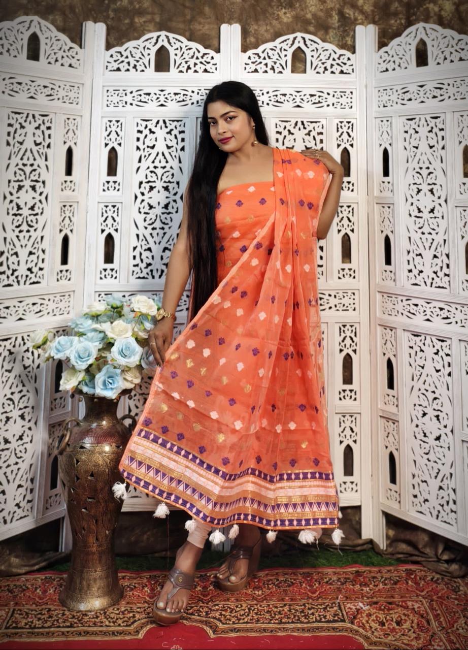 Orange with Multicolor Buta work Jamdani Cotton Suit