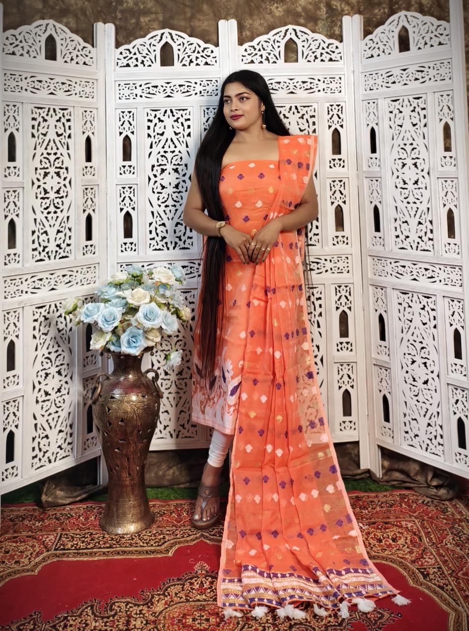 Orange with Multicolor Buta work Jamdani Cotton Suit