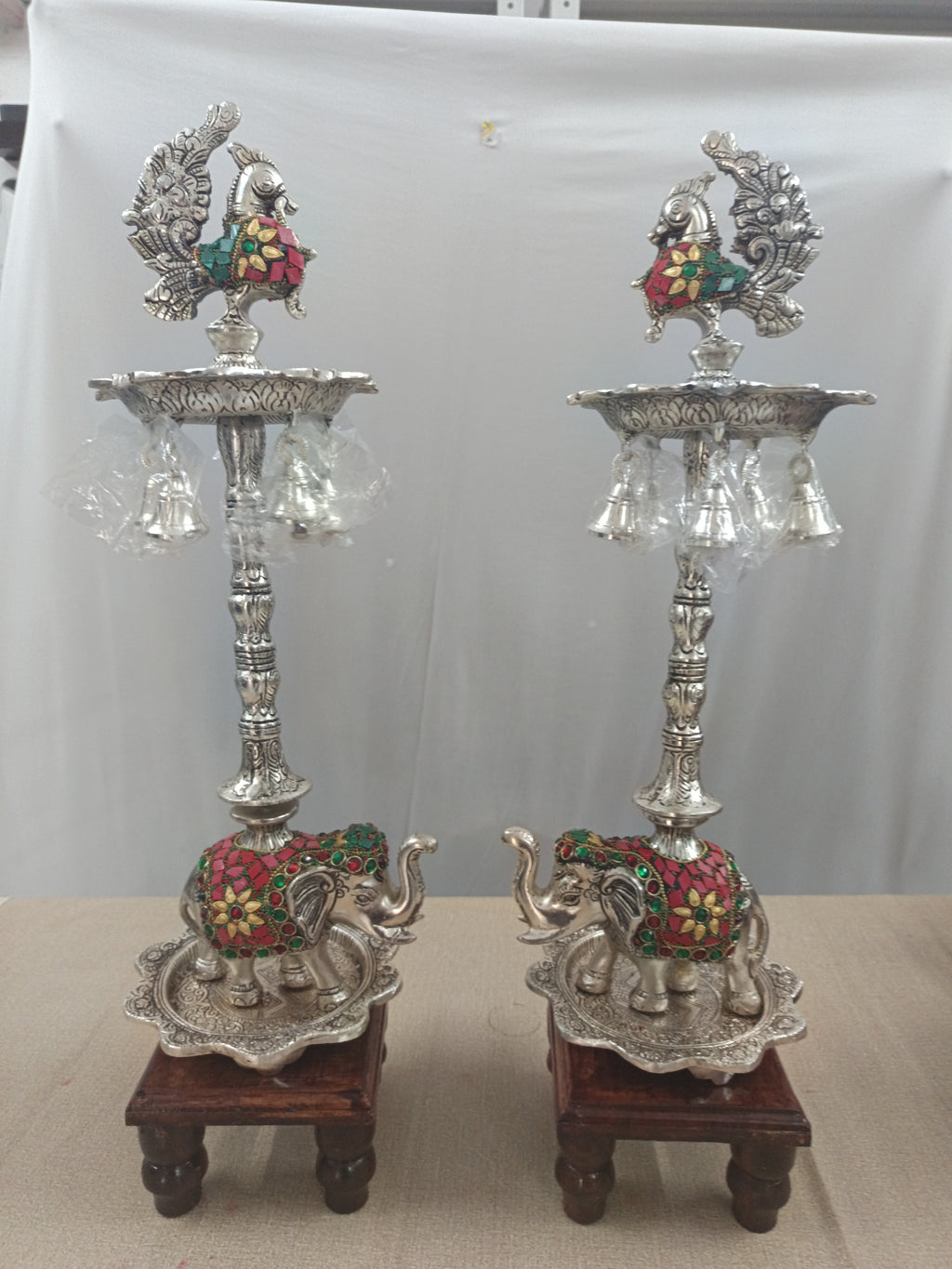 Handcrafted German Silver Peacock & Elephant Design Diya Pair with Hanging Bells | Decorative Pooja Oil Lamps for Diwali, Wedding, Gifting & Home Temple