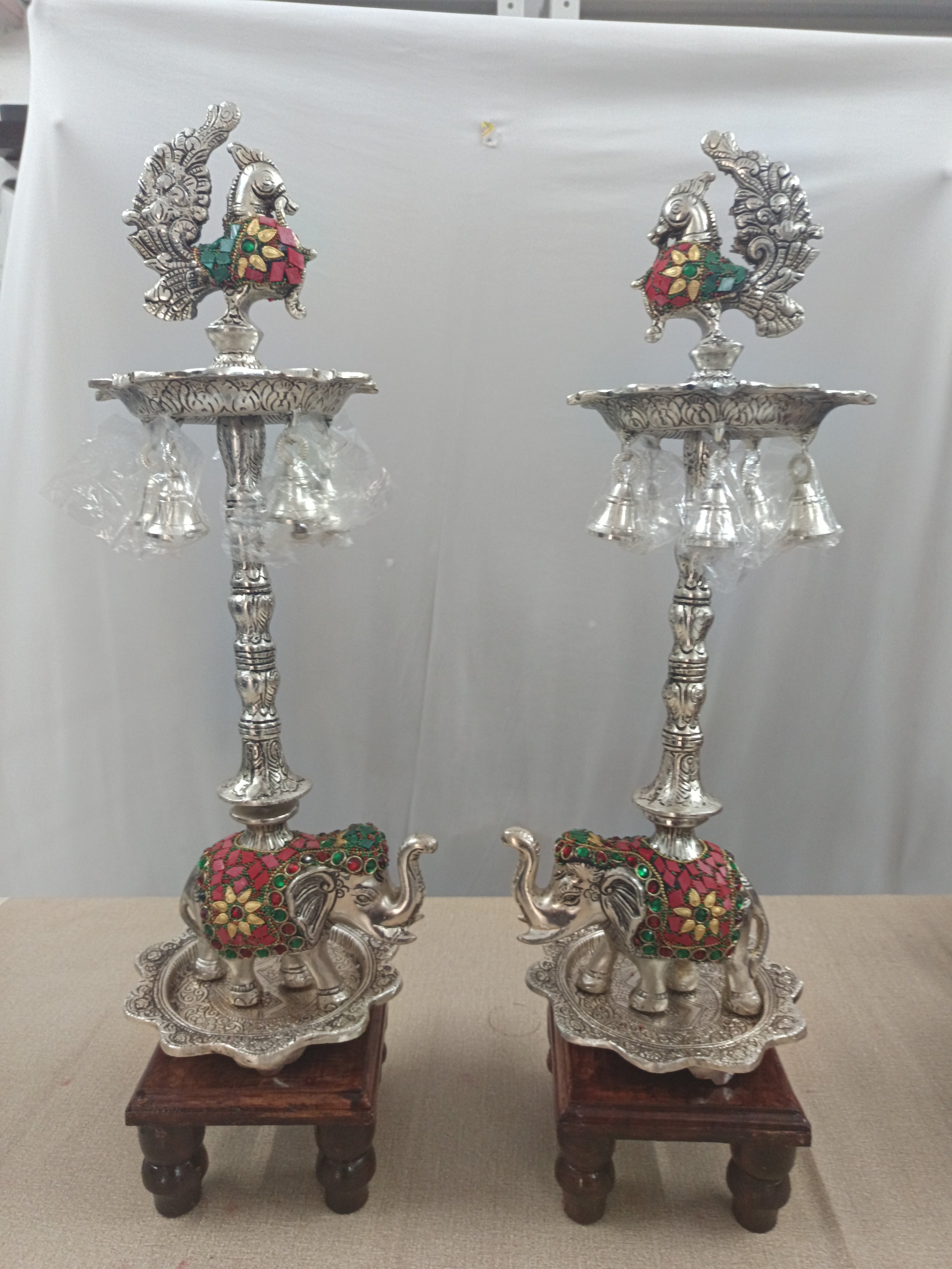 Handcrafted German Silver Peacock & Elephant Design Diya Pair with Hanging Bells | Decorative Pooja Oil Lamps for Diwali, Wedding, Gifting & Home Temple