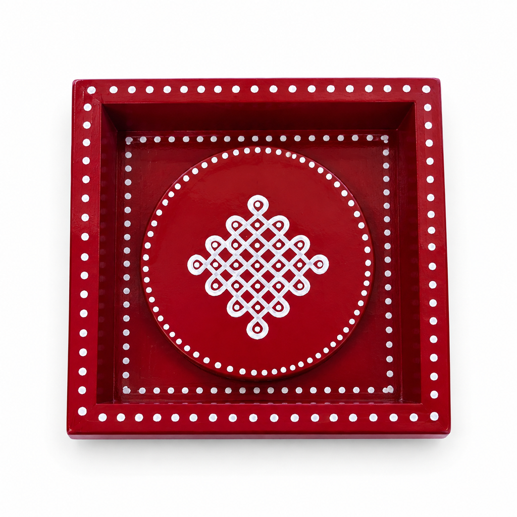 6x6 pine wood kolam trays with matching coasters RED