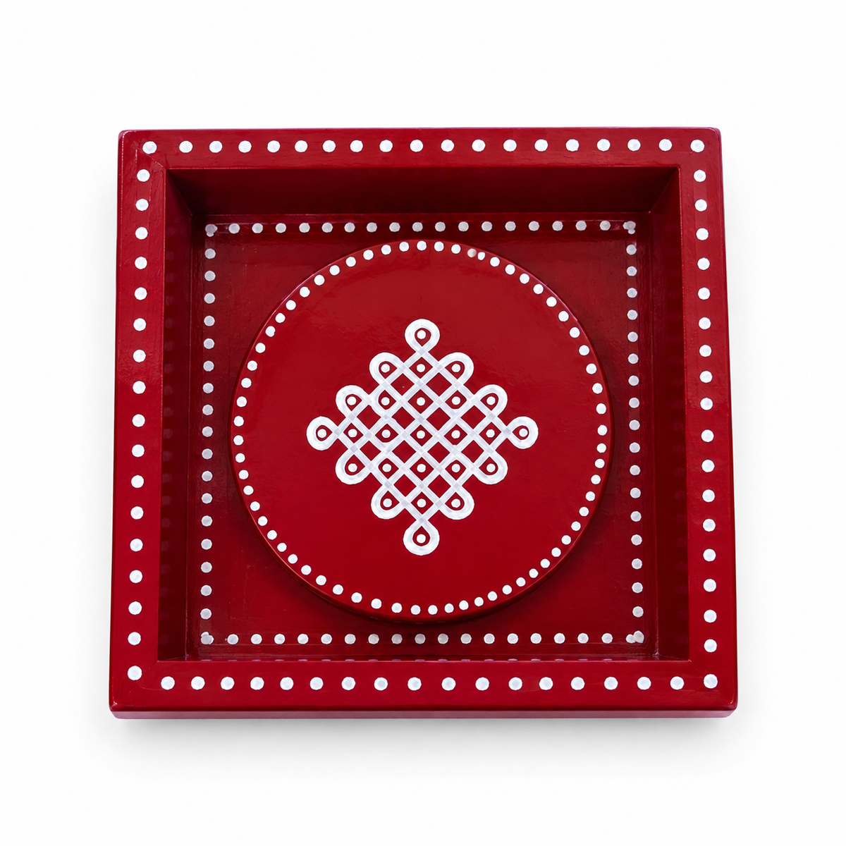 6x6 pine wood kolam trays with matching coasters RED