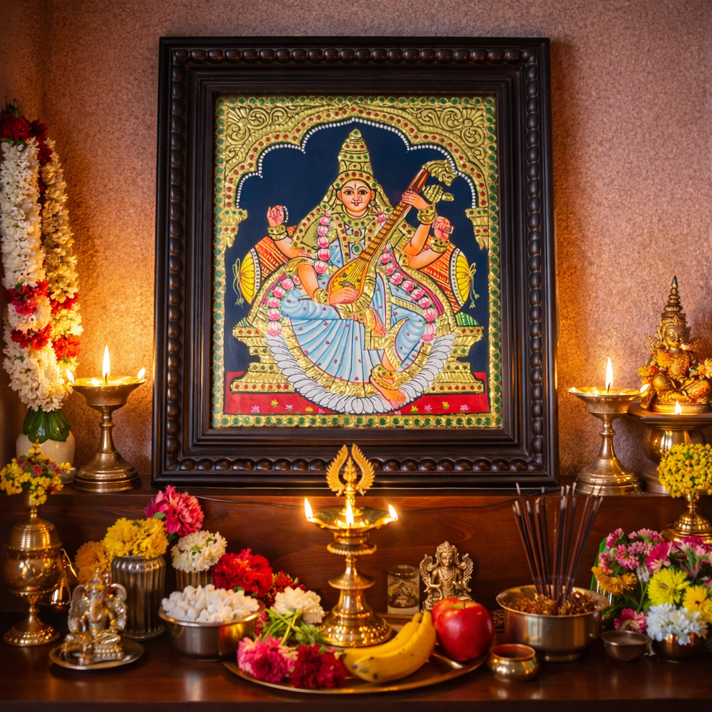Goddess Saraswathi Tanjore Painting with Chettinad Frame