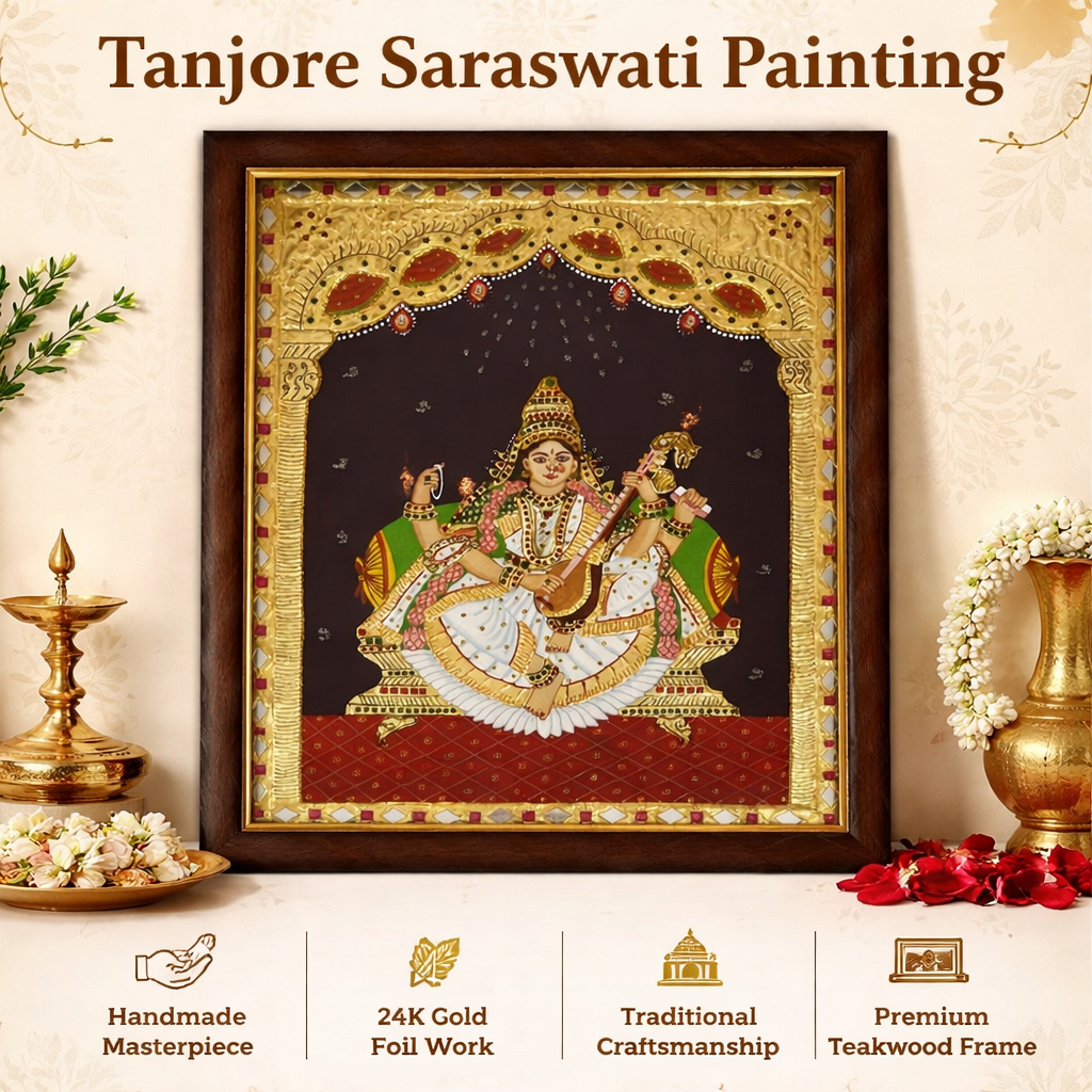 God Saraswati Tanjore Painting - 19 x 17 Inch  - Authentic 22K Gold Foil with Teakwood Frame