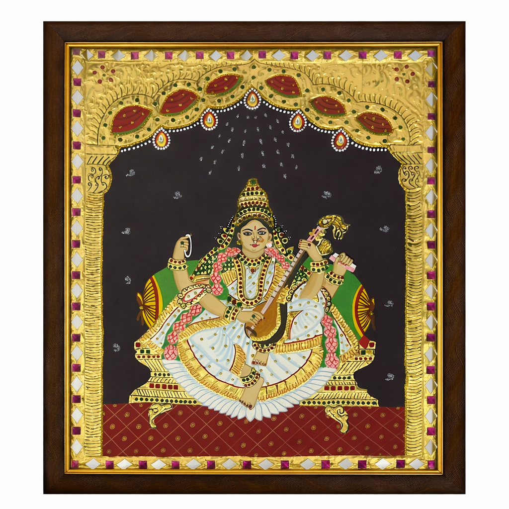 God Saraswati Tanjore Painting - 19 x 17 Inch  - Authentic 22K Gold Foil with Teakwood Frame