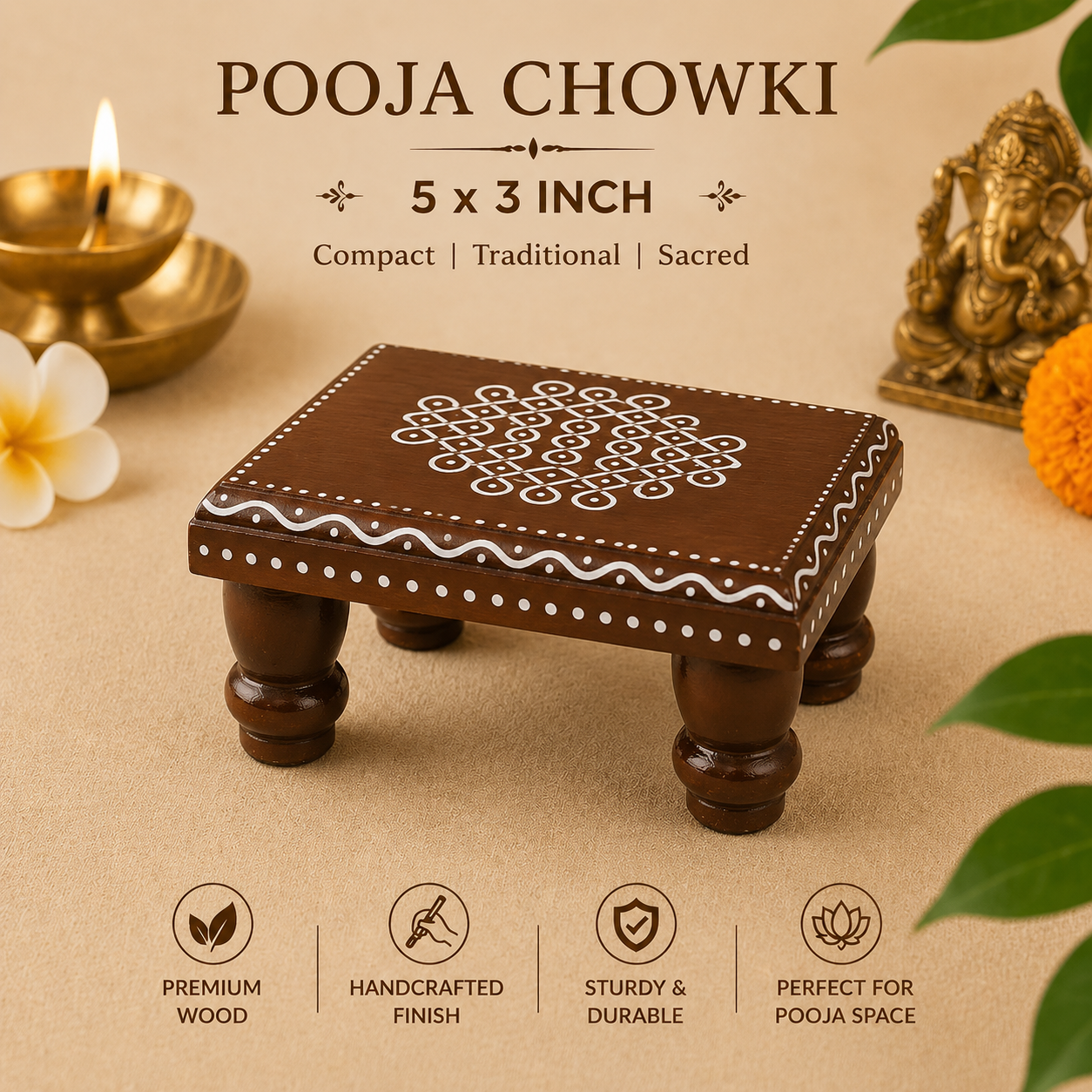 Traditional Wooden Kolam Pooja Stool – Handcrafted | Perfect for Home Temple & Festivals
